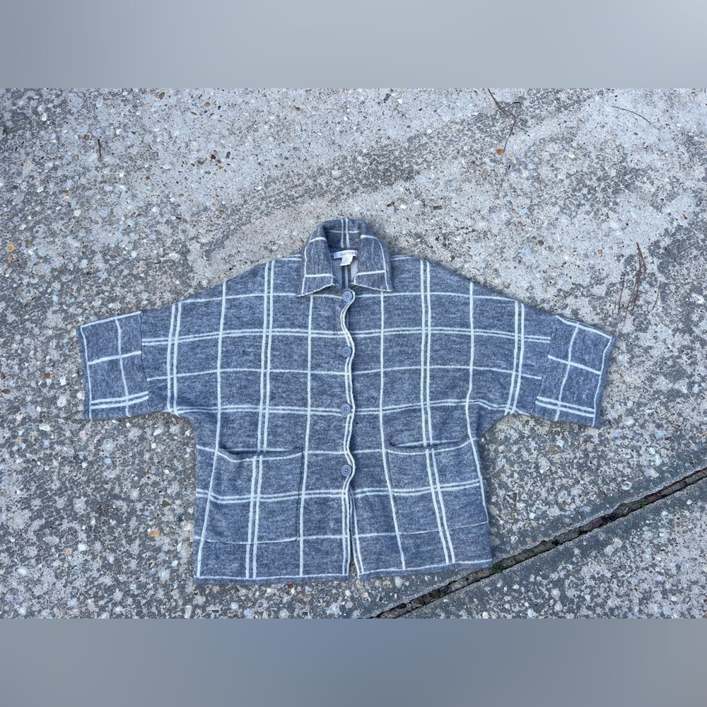Ellen Tracy Windowpane Plaid Button Front Chunky Knit Cardigan Sweater Size S